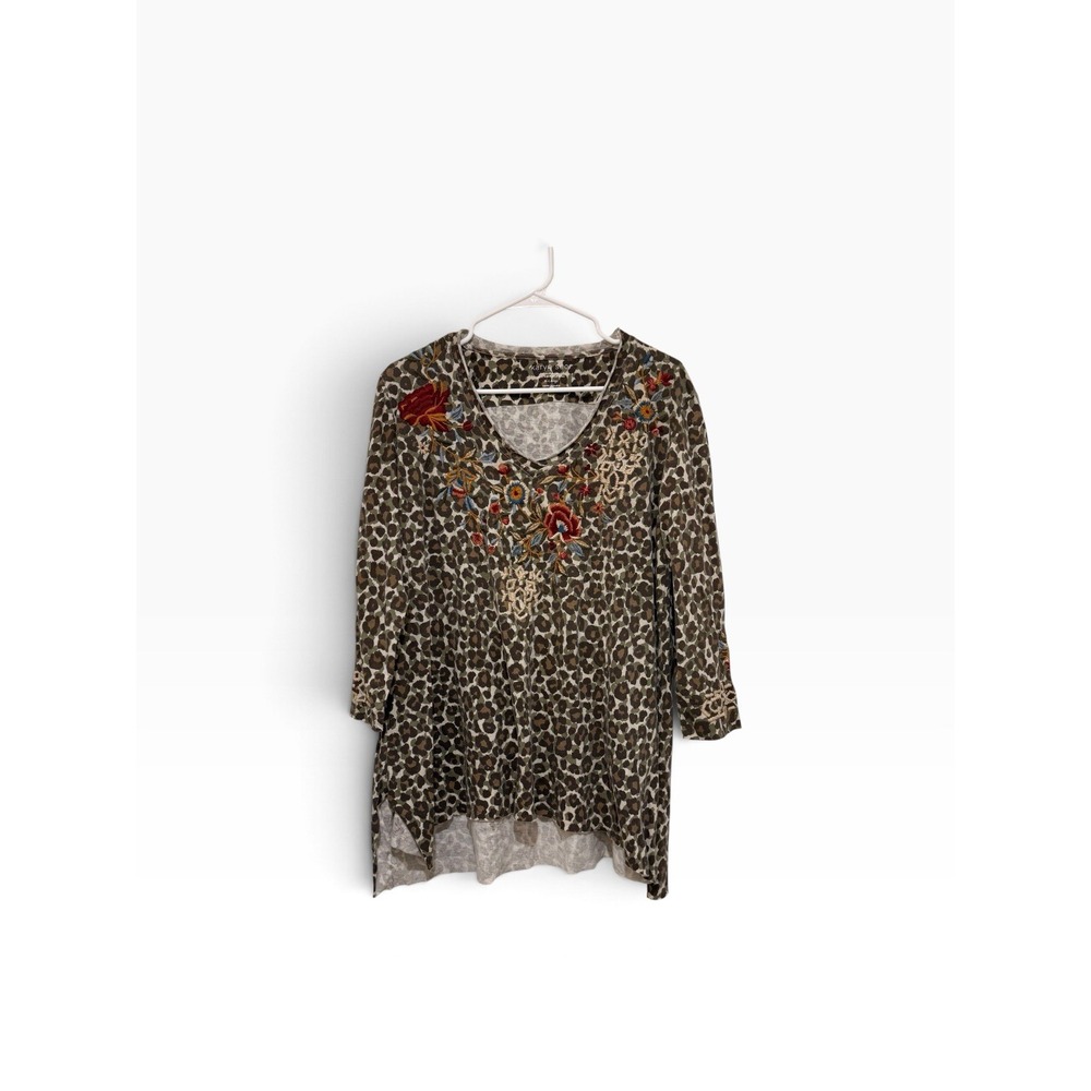 Karyn Seo Embroidered Leopard Print V Neck Tunic XL Boho Arty Unique